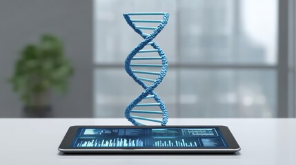 Poster - Digital Representation of DNA Helix Above Tablet Displaying Genetic Data Analysis and Biotechnological Innovation Concepts