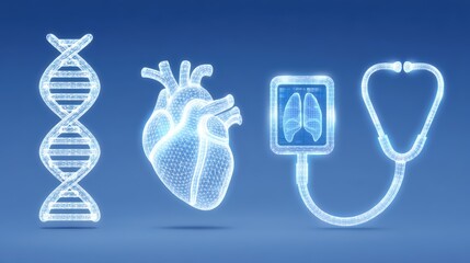 Poster - Futuristic Medical Technology Representations with DNA, Heart, and Stethoscope on Blue Background
