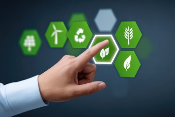 Poster - Hand Selecting Green Sustainability Icons Representing Environmental Conservation and Renewable Energy Concepts