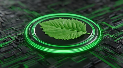Poster - Green Leaf Symbolizing Nature on Digital Circuit Background with Neon Elements