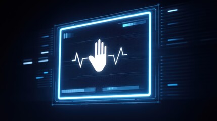 Poster - Digital hand symbol with heartbeat line on futuristic screen, representing stop or halt in health monitoring settings
