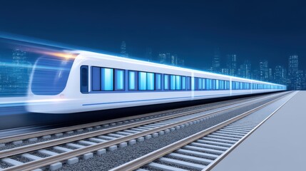 Poster - Modern High-Speed Train in Urban Setting with City Lights and Motion Blur Effect at Night