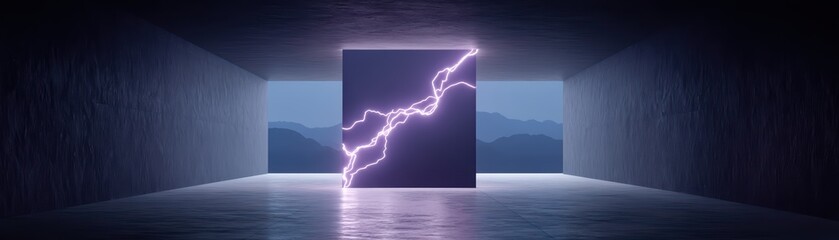 Poster - Electric Energy Burst Through Dark Space with Lightning Illuminating Abstract Cube Structure