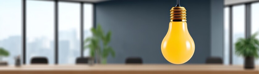 Poster - Yellow Light Bulb Hanging in Modern Office Space with Plants and Urban Window View