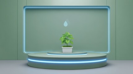Poster - modern indoor plant display on a stylish podium with soft lighting in a green minimalist room