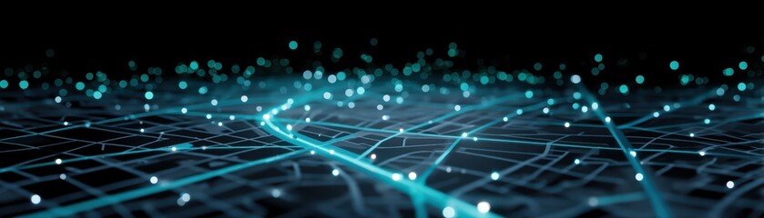 Poster - Digital Map with Glowing Points Representing Connections and Navigation in a Futuristic Urban Environment