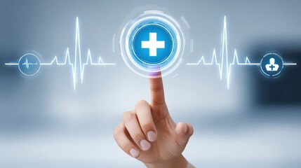 Poster - Hand Interacting with Digital Health Interface Featuring Health Symbols and Medical Icons