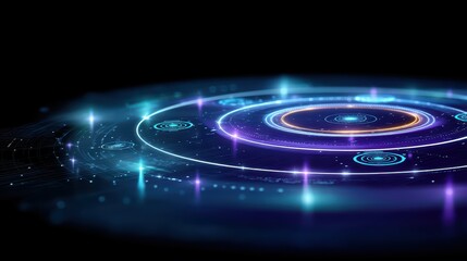 Poster - Abstract futuristic glowing circles in vibrant colors against a dark background for technology or science-related concepts