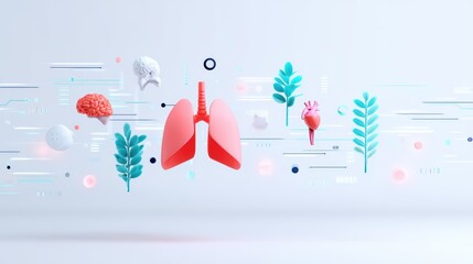 Poster - Colorful 3D Visualization of Human Organs with Lungs, Heart, Brain, and Abstract Flora Elements