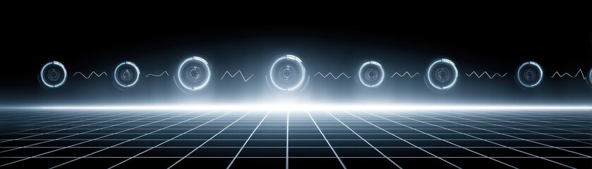 Poster - Futuristic Digital Landscape with Glow Circles and Sound Waves on a Grid Background in a Dark Environment