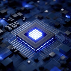 Poster - Detailed Close-Up of a Modern Microchip on a Circuit Board with Glowing Elements and High-Tech Background