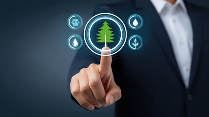 Poster - Business Person Touching Digital Icons Representing Environmental Sustainability and Green Technology Innovation