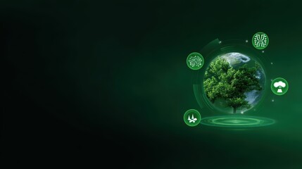Poster - Abstract concept of sustainability and technology with a glowing green Earth and tree symbolizing environmental care and innovation