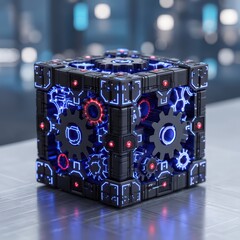 Poster - Futuristic Cube with Neon Lights and Gears, High-Tech Design for Innovative Concepts and Digital Imagery