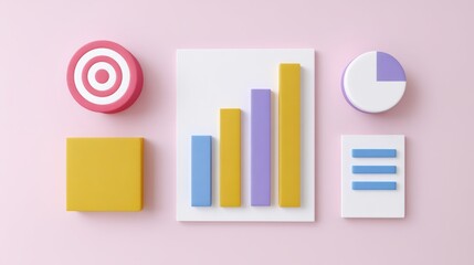 Poster - colorful geometric shapes and graphs on pastel background for data visualization and business analys