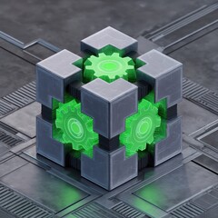 Poster - Futuristic Gear Mechanism with Neon Green Elements on High-Tech Metallic Surface for Industrial Designs and Technology Concepts