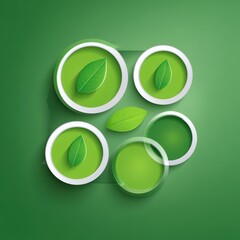 Poster - Abstract design with circular shapes and green leaves on a vibrant green background, representing nature and freshness