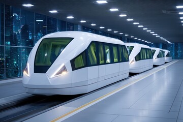 Poster - Futuristic Automated Trains Stationed in a Modern Urban Environment at Night with Illuminated Skyline