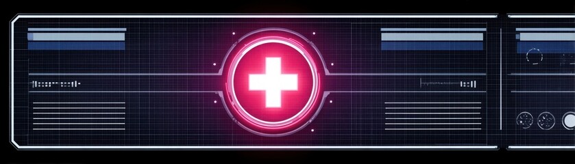 Poster - Futuristic Medical Interface Display with Illuminated Cross Symbol and Digital Elements for Healthcare Concepts
