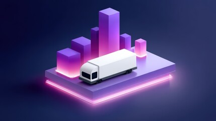 Poster - Digital 3D Rendering of Delivery Truck Surrounded by Abstract Colorful Cityscape Design