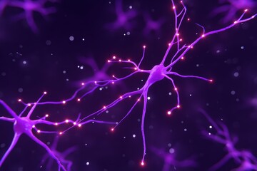 Poster - Vibrant Neural Connections Illuminated in Purple with Sparkling Particles on Dark Background