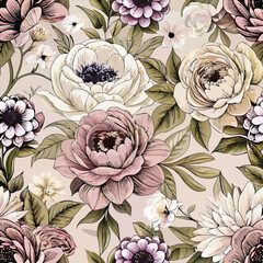 Poster - Vintage Floral Pattern with Cat Illustration A Seamless Design for Textiles and Backgrounds with Botanical Elements and a Feline Touch Ideal for Creative Projects Detailed
