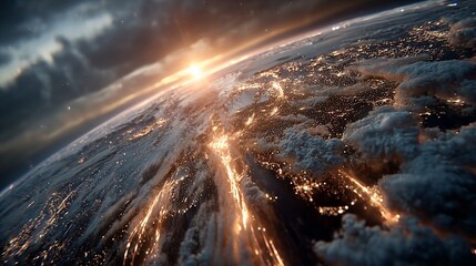 Wall Mural - Earth from space at night with city lights and sunrise
