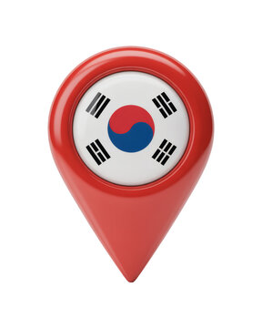 3D rendering of a vibrant red map pin with the Korean flag, symbolizing location, travel, or national presence
