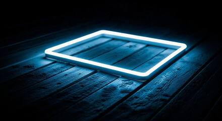 Poster - Bright blue neon light square frame glowing on wooden planks in dark room