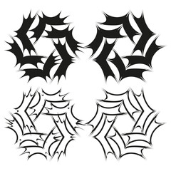 Poster - Four abstract shapes. Spiky swirl designs. Black white icons. Vector pattern set.