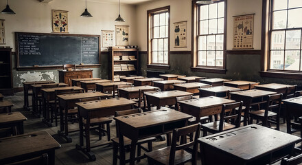 Poster - Empty vintage classroom with wooden desks and chalkboard awaits students