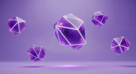 Poster - Purple abstract polygonal shapes with glowing edges floating on purple background