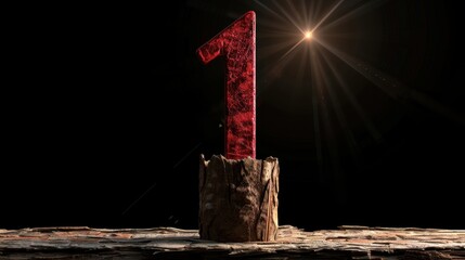 Poster - Striking red number one stands prominently on textured wooden base, illuminated by bright light source, creating dramatic effect