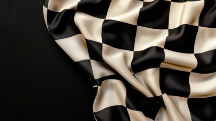 Poster - Luxurious black and white checkered fabric draped elegantly, showcasing smooth texture and rich colors, perfect for stylish decor