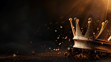 Poster - Stunning abstract digital crown floating in spotlight, surrounded by shimmering particles, evokes sense of elegance and majesty