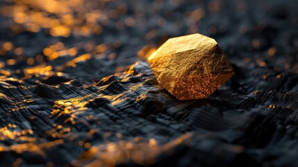 Poster - Glowing hexagonal gold object rests on textured dark surface, creating striking contrast with shimmering highlights