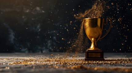 Poster - Stunning abstract gold trophy composed of light particles, surrounded by shimmering dust, evokes sense of achievement and celebration
