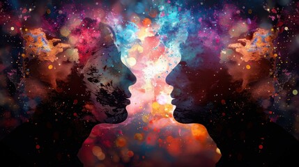 Poster - Abstract human silhouettes merging into vibrant cosmic background filled with colorful splashes and textures, evoking sense of connection