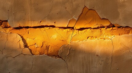 Poster - Cracked wall with sunlit texture, showcasing blend of warm tones and intricate patterns, evokes sense of age and beauty