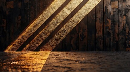 Poster - Golden light beams create striking contrast against dark wooden wall, enhancing texture and depth of scene