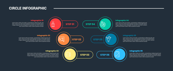 Aufkleber - circle shape infographic process diagram with small circle stacked skew slope with dark background bright outline style