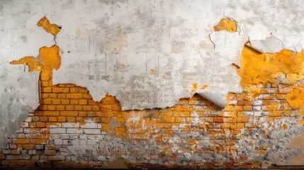 Poster - Crumbling plaster wall revealing bricks underneath, showcasing blend of textures and colors, evokes sense of decay and history