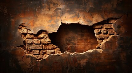 Poster - Crumbling plaster wall revealing bricks underneath, showcasing rustic and weathered texture that evokes sense of history and decay