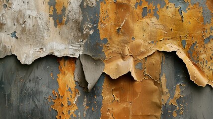 Poster - Decaying wall with layers of plaster revealing textures and colors, showcasing blend of orange, gray, and beige tones