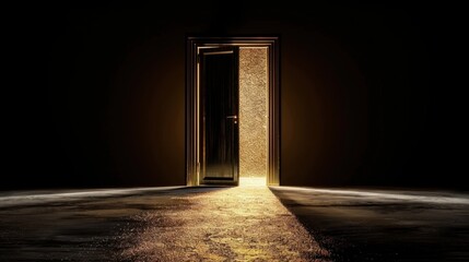 Poster - Dark room with open door emits golden glow, creating mystical atmosphere that invites exploration and wonder