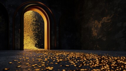 Poster - Digital scene featuring glowing golden pathway leading through open archway, creating sense of wonder and possibility