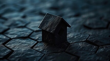 Poster - Small black house model stands alone textured dark surface, creating mysterious and moody atmosphere. intricate details of surface enhance visual