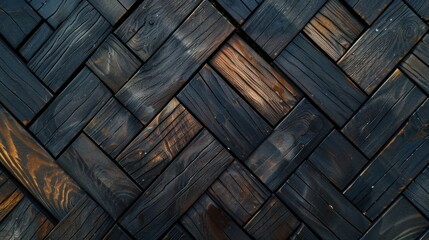 Poster - Wooden deck floor with dark, textured pattern showcasing intricate herringbone design, evoking sense of warmth and elegance