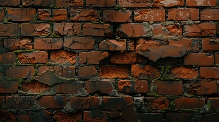 Poster - Old cracked brick wall with faded red tones and moss, showcasing rustic and weathered appearance