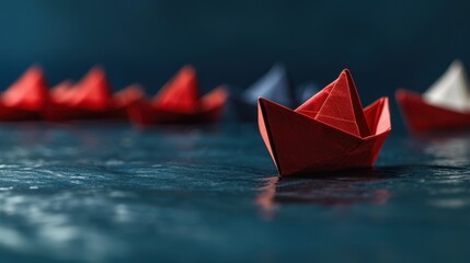 Poster - Vibrant fleet of folded paper boats red, white, and purple colors floats gracefully serene blue surface, evoking sense of calm and creativity